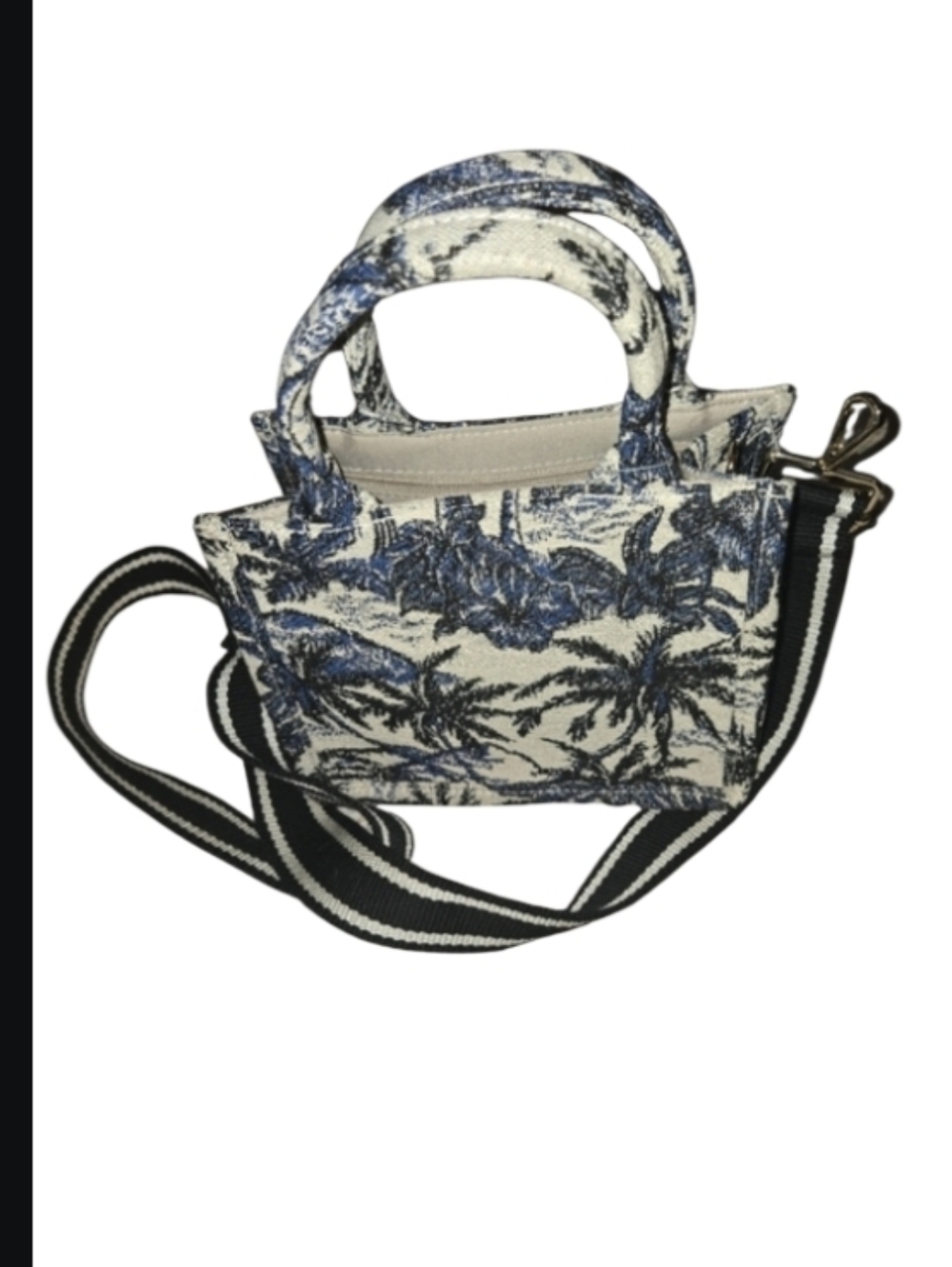 H&M Jacquard Weave Small Navy Beige Palm Tote Handbag